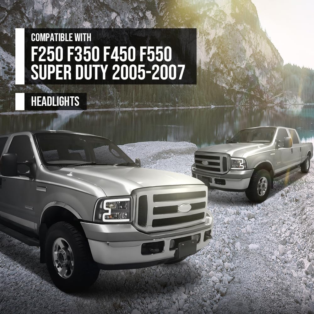 LED DRL Headlight Assembly Left & Right Compatible with Ford F250 F350 F450 F550 Super Duty 2005-2007/Fit Ford Excursion 2005 Front Headlamp Clear lens Black Housing White Reflector