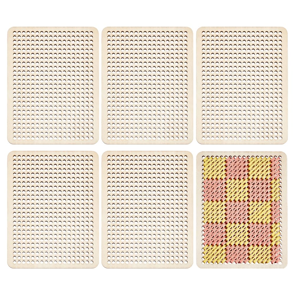 BENECREAT 6 Pcs Blank Hole Paved Cross Stitch Ornament, Rectangle Wooden Cross Stitch Plate