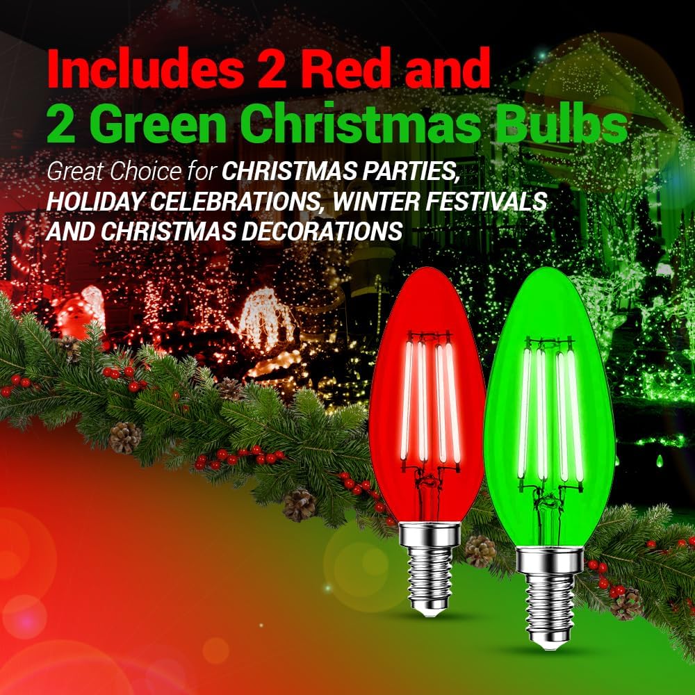 4 Pack Filament E12 Candelabra LED Christmas Light Bulbs - 4W 40 Watt Equivalent E12 Base - Vintage LED Decor Red Light Bulbs Green Bulbs Party Christmas Lights