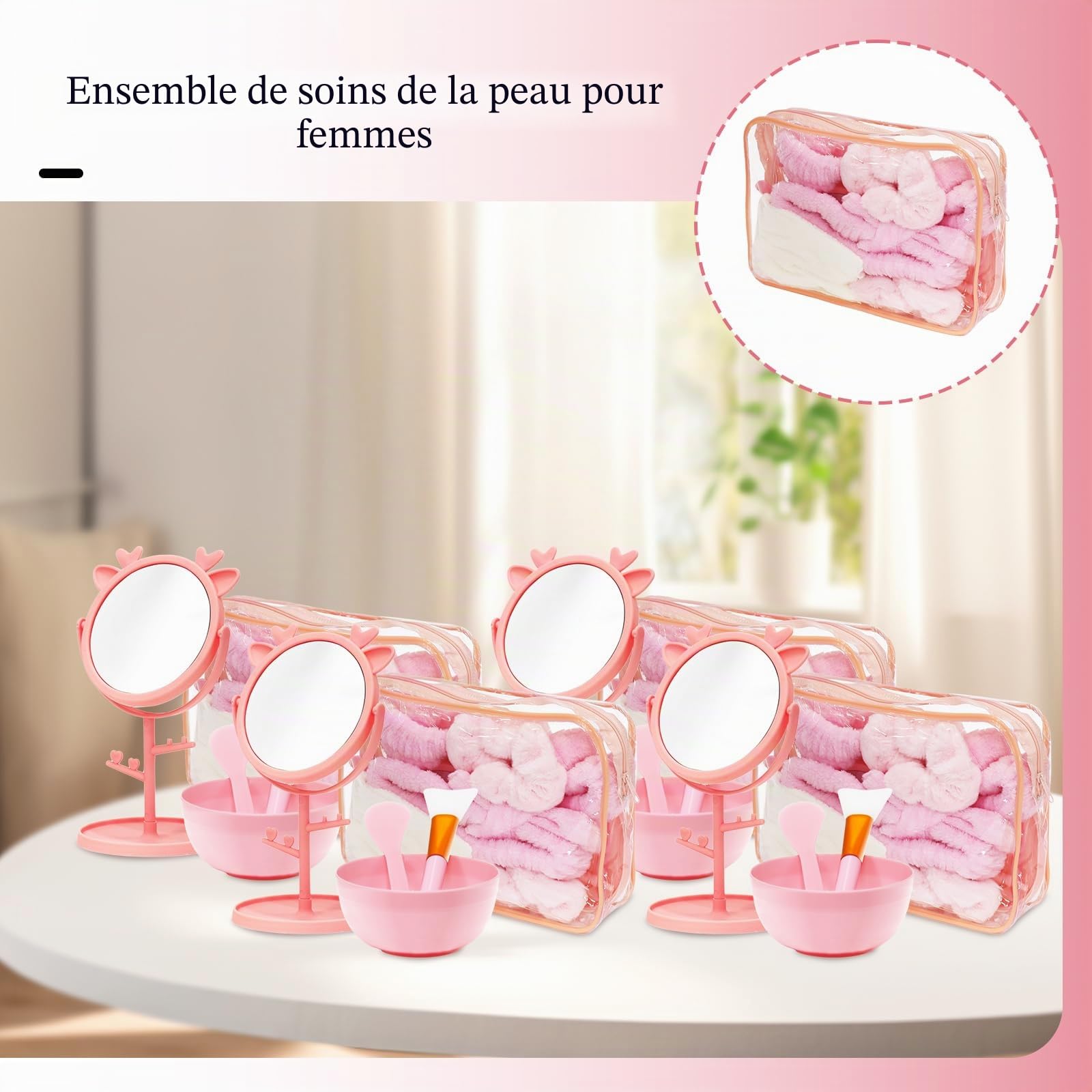 Lot de 6 Kits Spa Rose, 48 Accessoires Beauté pour Soirée Pyjama Fille | 6 Trousses, 6 Bols, 6 Pinceaux, 6 Spatules, 6 Miroirs, 6 Bandeaux, 6 Chouchous et 6 Serviettes pour Anniversaires et Cadeaux