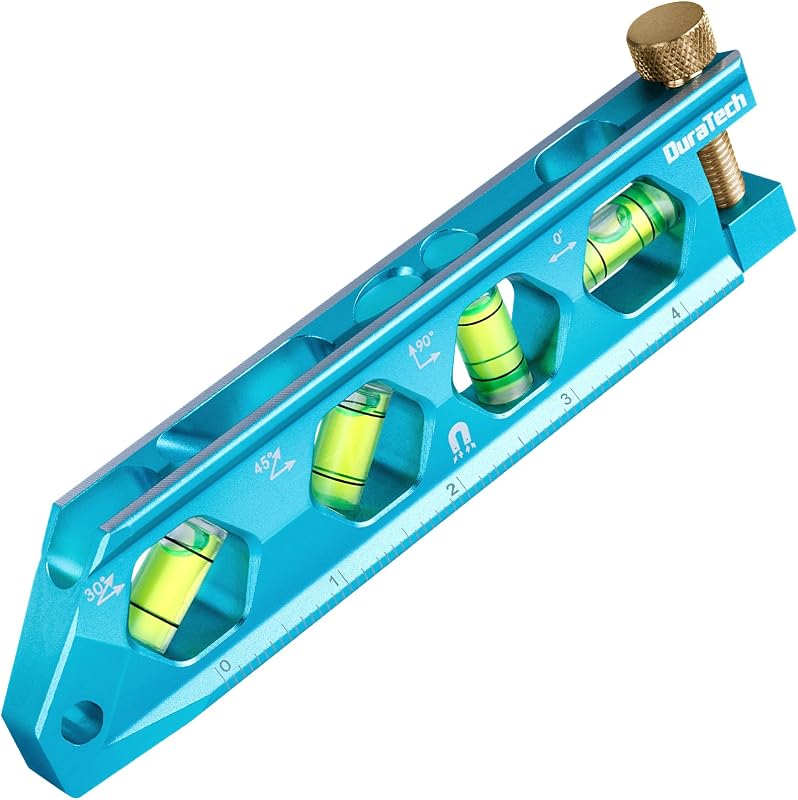 DURATECH Nivel de torpedo magnético de 6,25 pulgadas para bricolaje y uso doméstico | Nivelador con burbujas de 0°/30°/45°/90°, ranura en V, ventana de visualización grande, cuerpo de aleación de aluminio, orificio para colgar, escala SAE y métrica