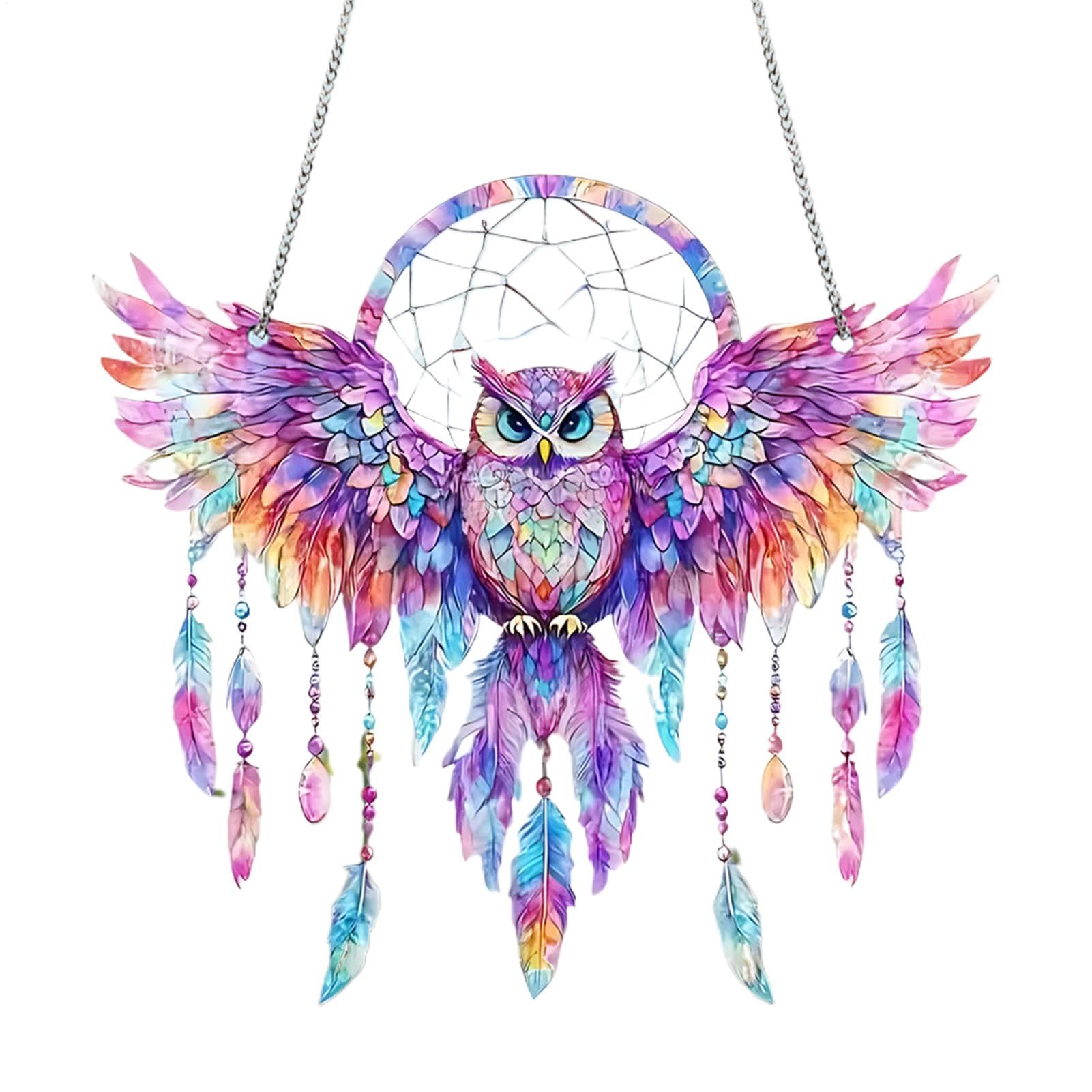 Owl Dream Catcher - Owl Dream Catcher for Window, Acrylic Tinted Owl for 2D Window | Feather Dream Catcher Owl with Colorful Wings Living Room Decoration