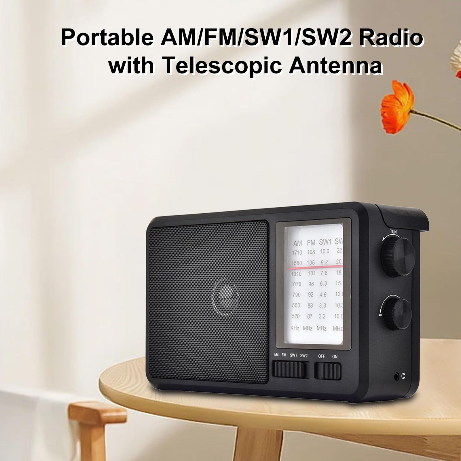 Garsent Przenośne Radio AM FM SW1 SW2, Radio Wielopasmowe z anteną teleskopową i Gniazdem Słuchawkowym 3,5 Mm, do Użytku w Domu na Kempingu i na Zewnątrz (wtyczka UE)