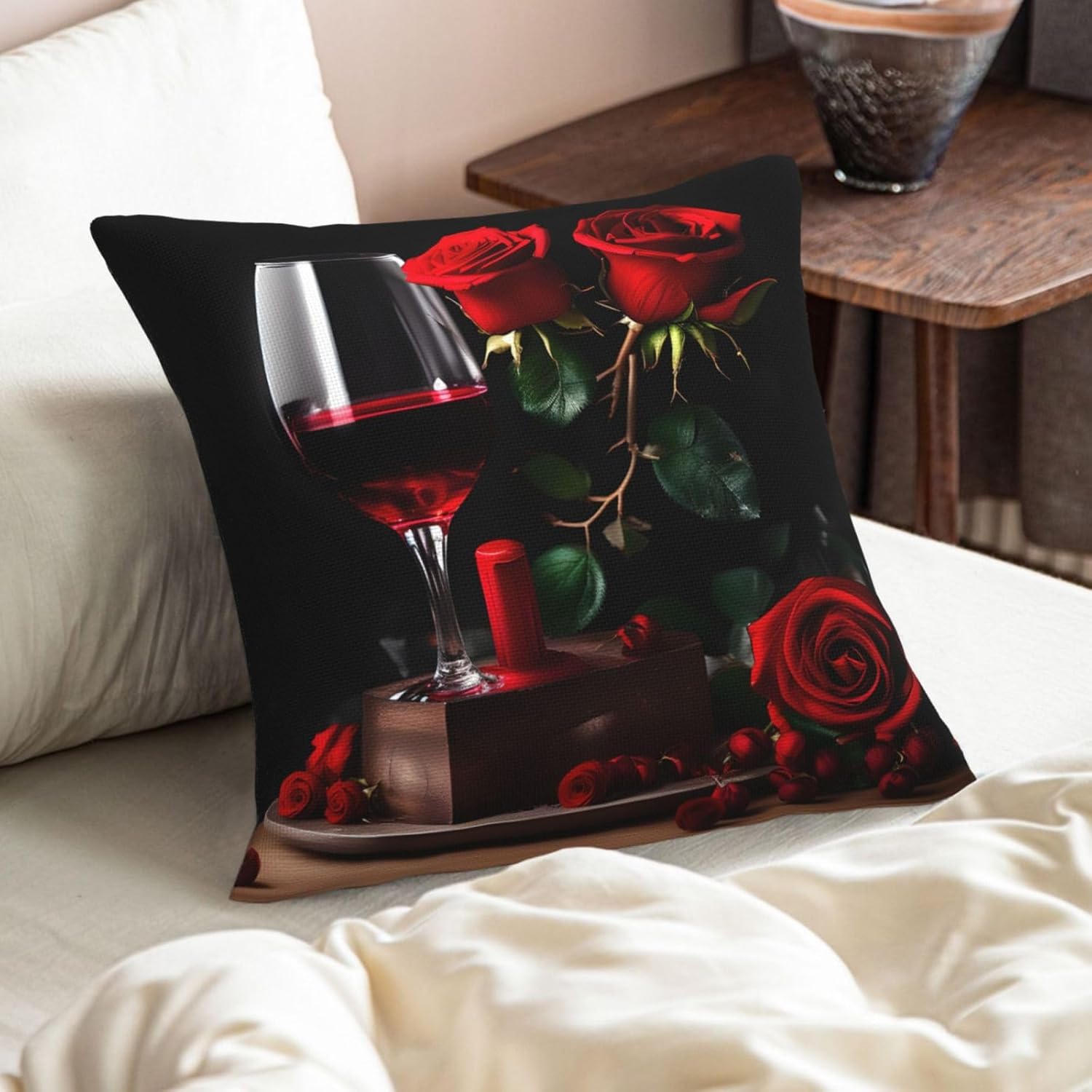 Red Rose and Wine Romantic Lovers Decor Imitation Linen Pillowcase -2 Sets, Fashionable Home Decoration, Used for Sofas, Gardens, beds