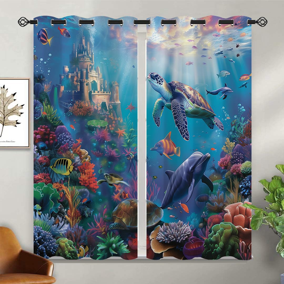 Ocean Underwater World Blackout Curtains for Girls Boy Home Decor, Sea Castle Turtle Dolphin Fish Grommet Thermal Insulated Drapes Darkening Window Curtain for Bedroom Living Room, 42 x 45 Inch