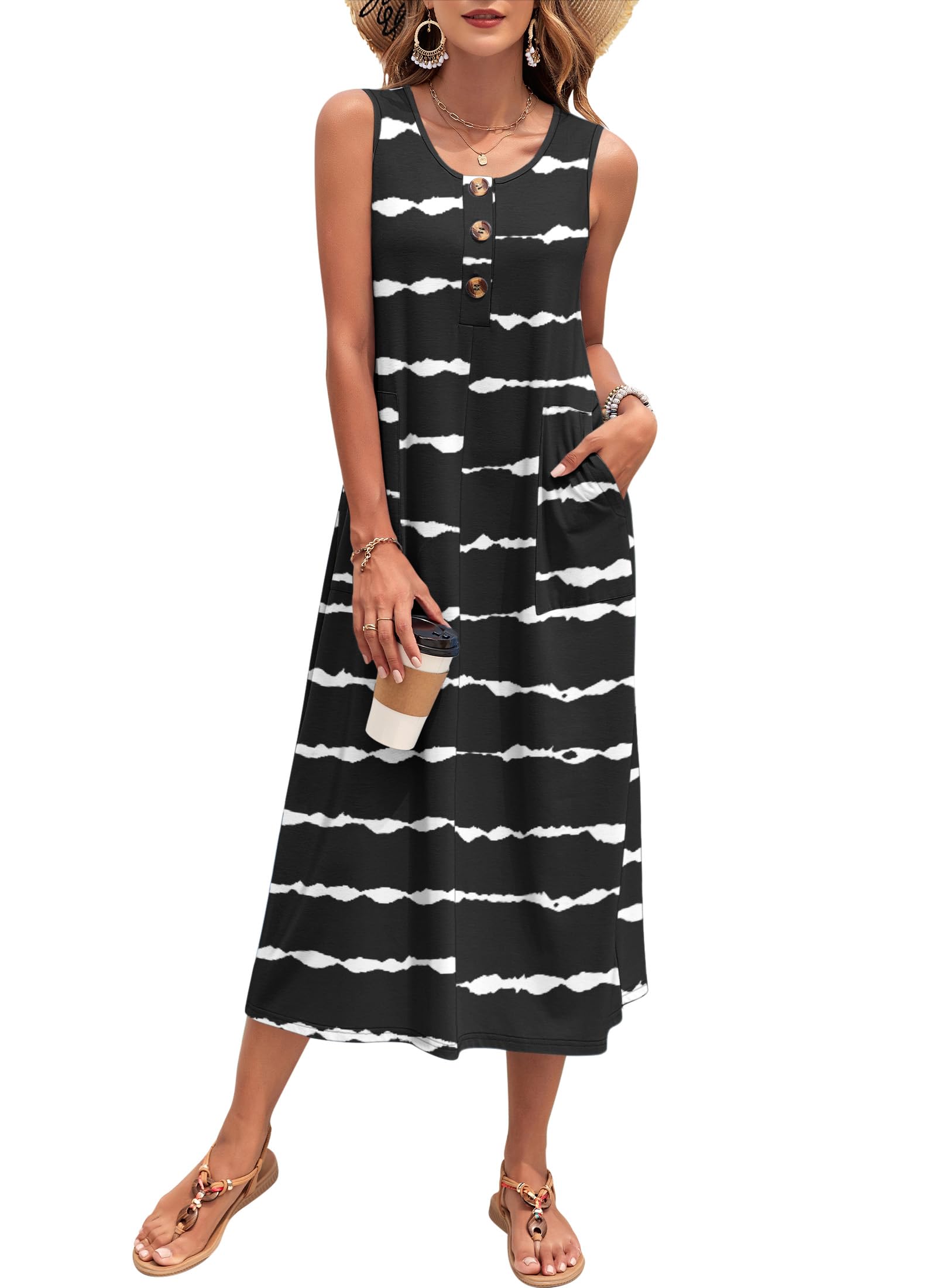 PLOKNRD Damen Sommer Maxi Kleid Ärmellos Strandkleid Lässiges Lange Button-Down Tank Kleid mit Taschen