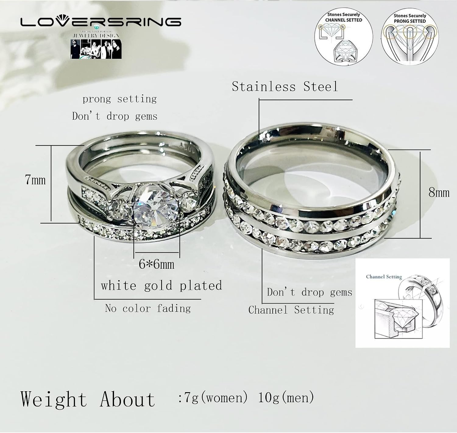 Couple Ring Bridal Set His Hers White Gold Plated CZ Stainless Steel Wedding Ring Band Set