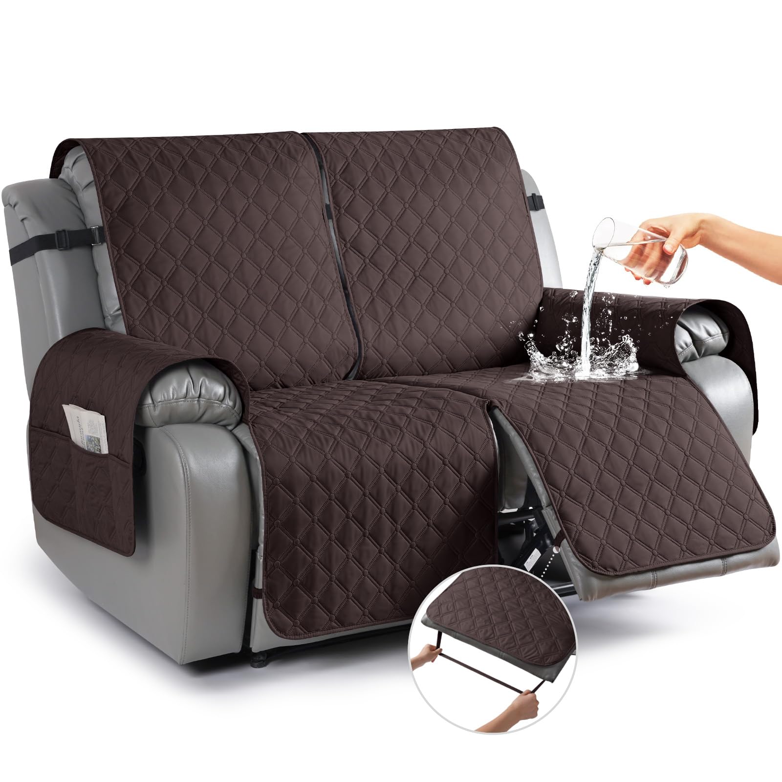 TAOCOCO Waterproof Loveseat Recliner Cover 1-Piece loveseat Covers for Reclining Loveseat with Leg Straps Pocket, Washable Recliner Loveseat Covers Couch Protector for Dogs Kids(2 Seater, Chocolate)