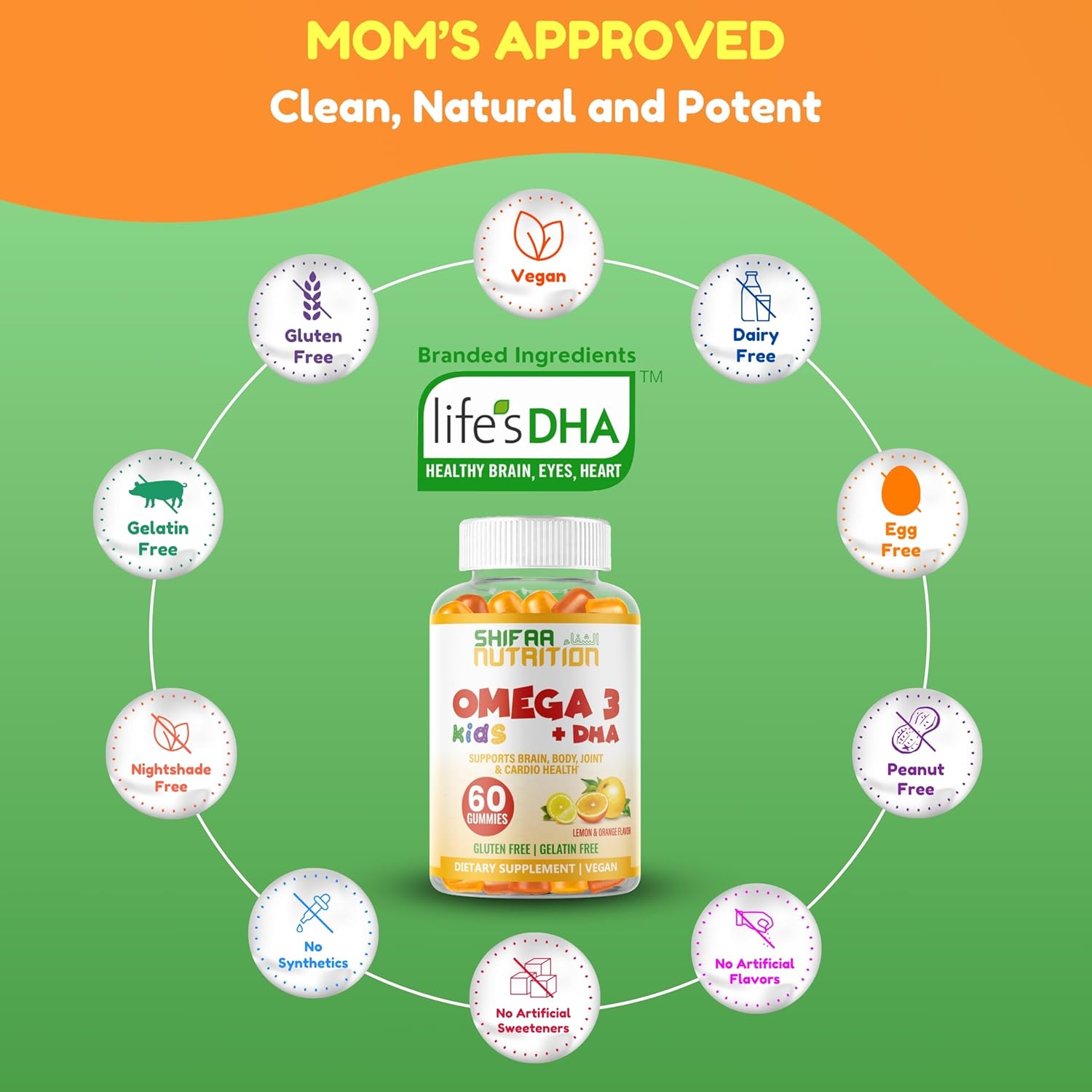 SHIFAA NUTRITION Halal Omega 3 for Kids with DHA Gummies for Brain Development, Heart & Immune Support, Plant-Based, Non-GMO, Algae-Based DHA, Gluten & Gelatin-Free Kids Omega 3 Gummies, 30 Servings