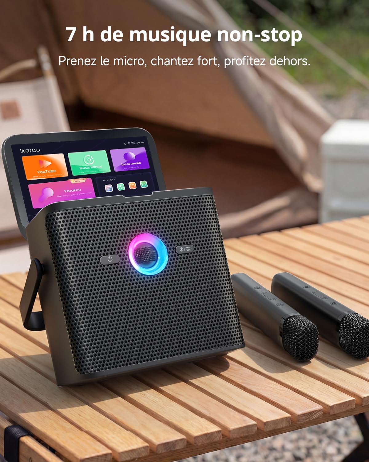Machine de karaoké Ikarao pour adultes et enfants, avec écran d'affichage des paroles, connexion WiFi à YouTube et à l'application de karaoké, 2 microphones sans fil EQ Autotune, système PA de karaoké