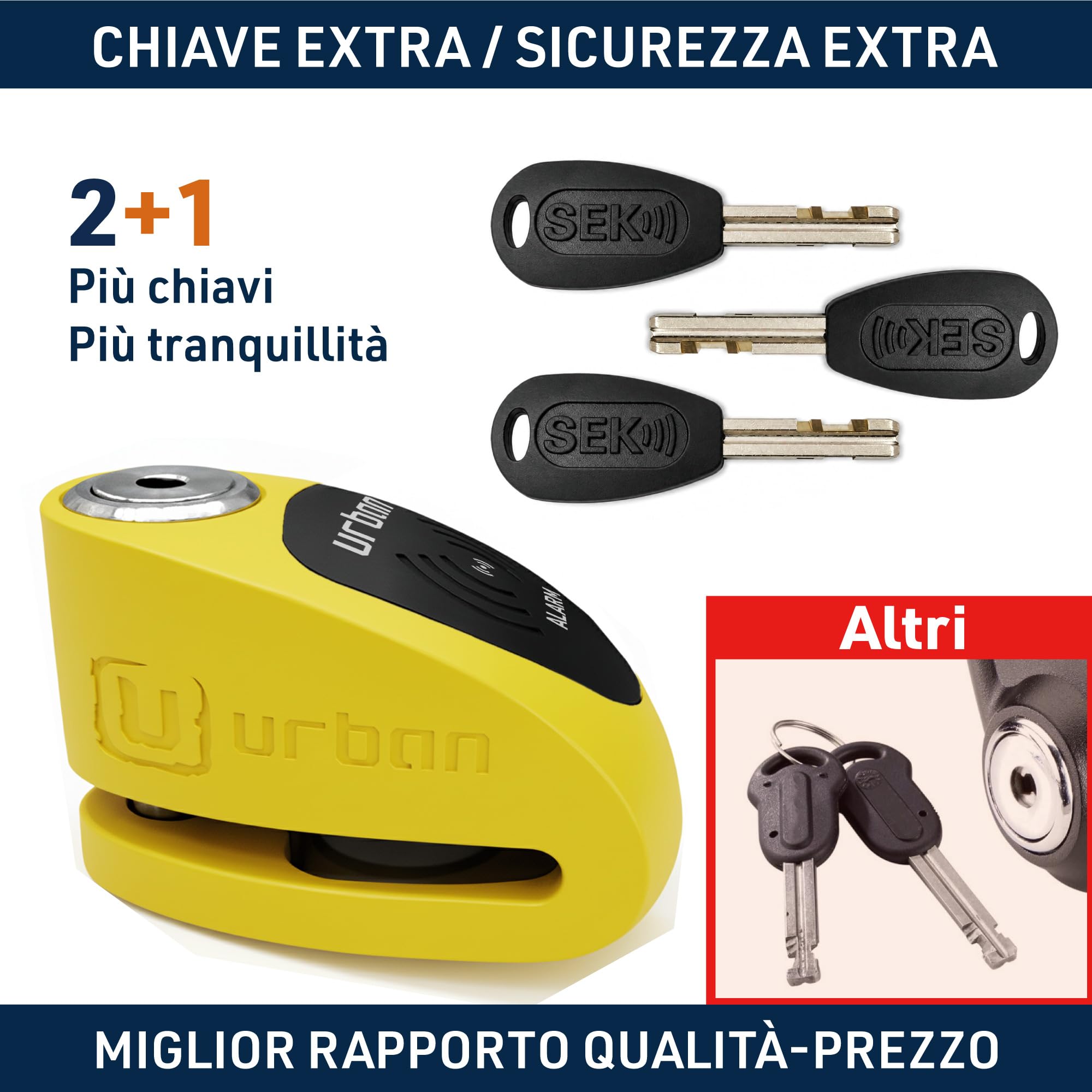 URBAN UR910Y Bloccadisco Moto con Allarme 120 dB, Giallo+Nero in Acciaio Inox Verniciato +Dissuasivo, Omologato SRA e Sold Secure Gold, Doppia Chiusura Ø10 mm, Lucchetto Antifurto Blocca Disco Moto