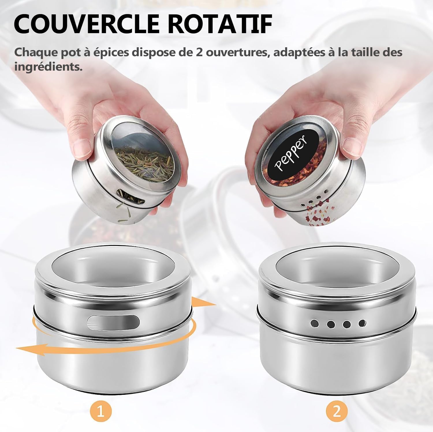 Lot de 24 Pots à Épices Magnétiques avec Couvercles, Bocaux Assaisonnements en Acier Inoxydable pour Réfrigérateur avec 48 Étiquettes et 2 Marqueurs pour Cuisine Frigo