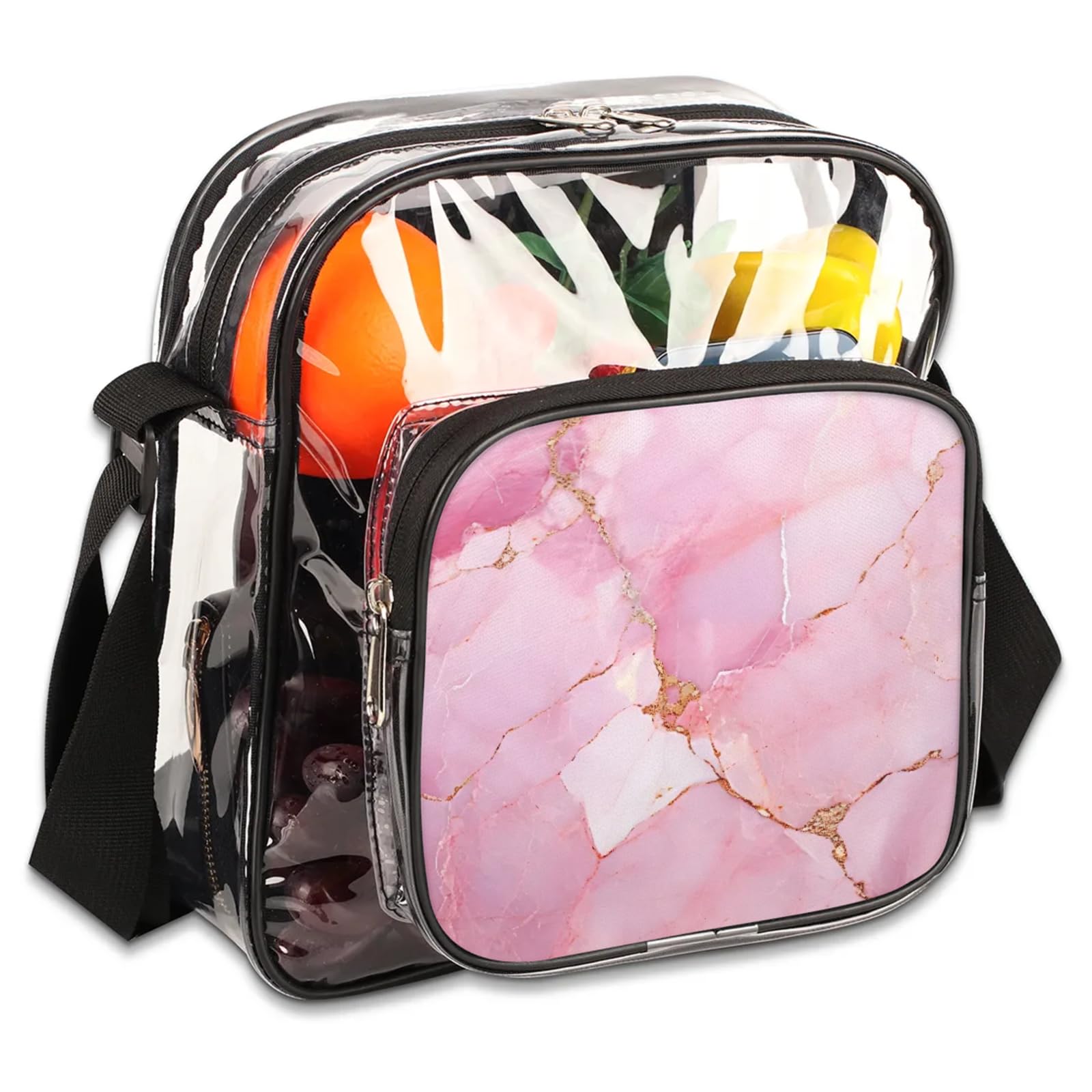 Clear Crossbody Bag Stadium Approved Pink Marble Surface Transparent Bag for Festivals, Sports Events, Concerts,Beach Bag for Women Men Clear Purse with Front Pocket Messenger Bag