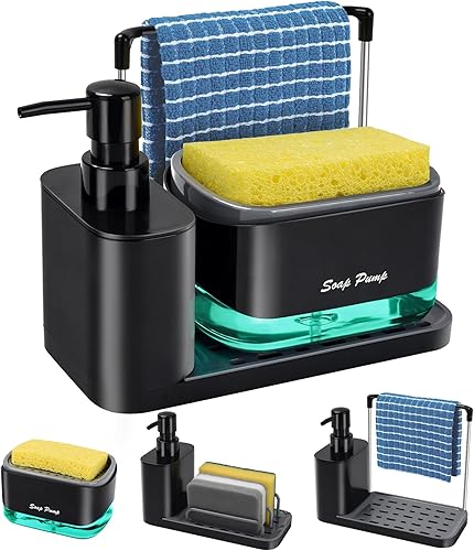 Juego de dispensador de jabón de cocina con bandeja y soporte para esponja, dispensador de jabón para platos y manos con soporte para paños de