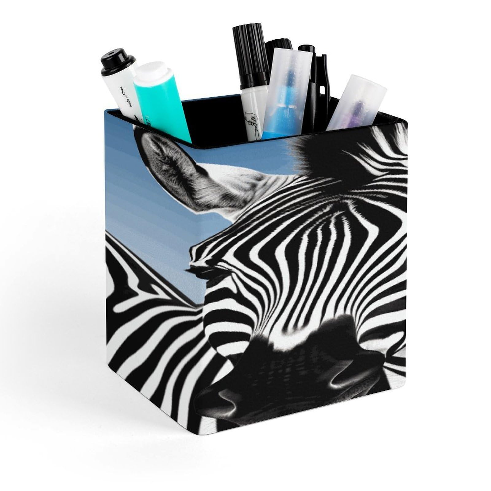 FekiLoot Zebra Pencil Holder for Desk Square Leather Pen Holder Cup Desktop Organizer Multi-Functional Pencil Cup Holders Modern Decorative Desk Organizer Caddy Makeup Brush Holders
