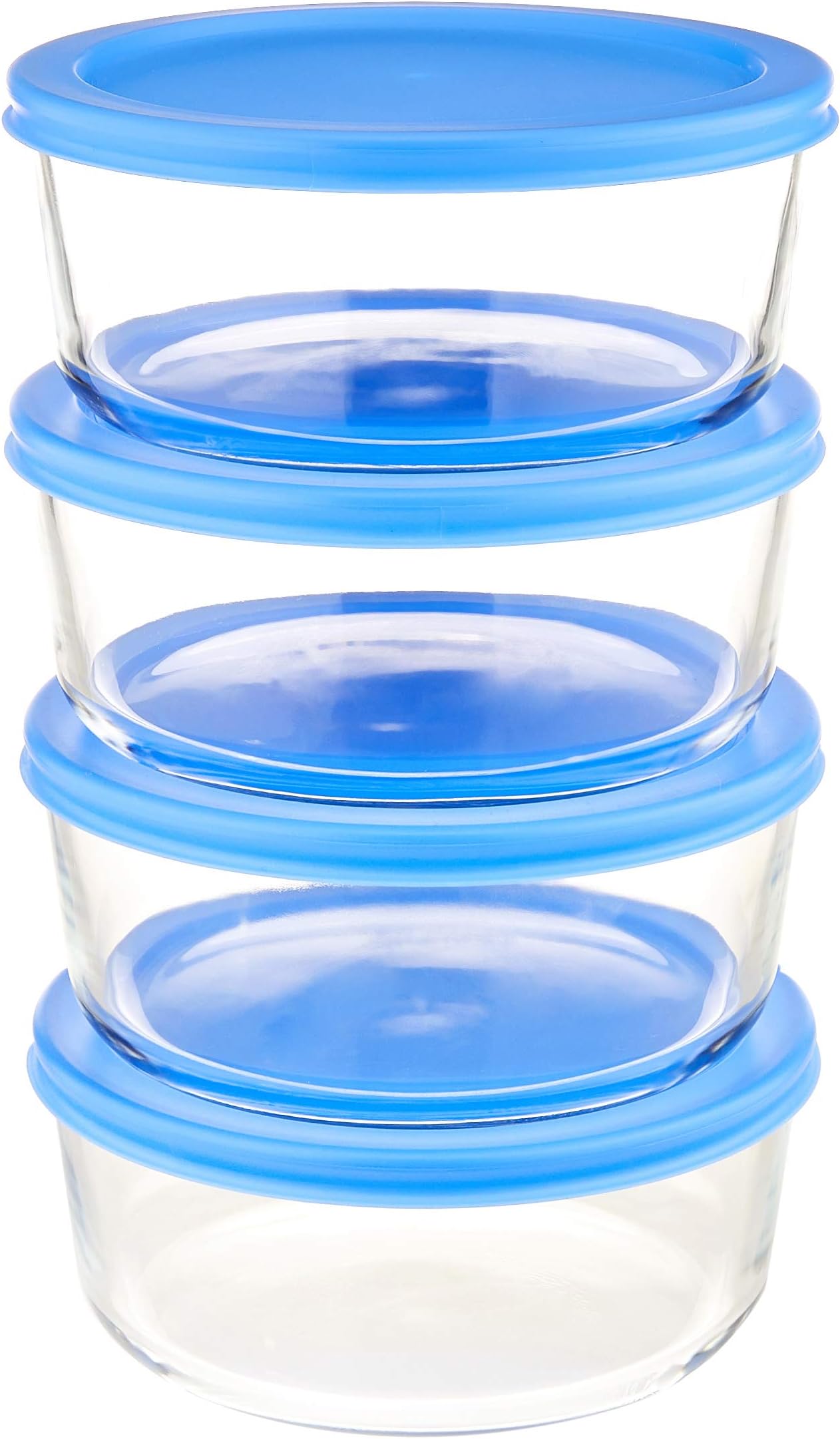 Amazon Basics Glass Food Storage, 3.6-Cup, 8 Piece Set, 4 Containers and 4 BPA-Free Lids, clear with blue lids