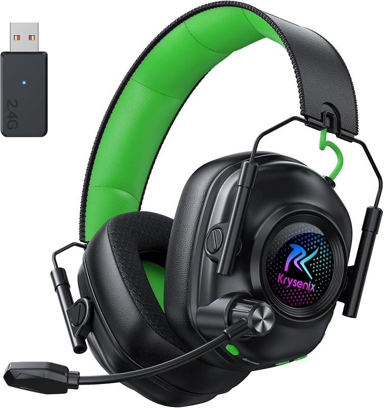 auriculares inalámbricos para juegos con micrófono con cancelación de ruido para PC, PS5, PS4, Switch, Mac, auriculares para juegos inalámbricos de 2,4 GHz y Bluetooth 5.4, iluminación RGB fresca, batería de 40 horas, controladores de 50 mm (negro verde)