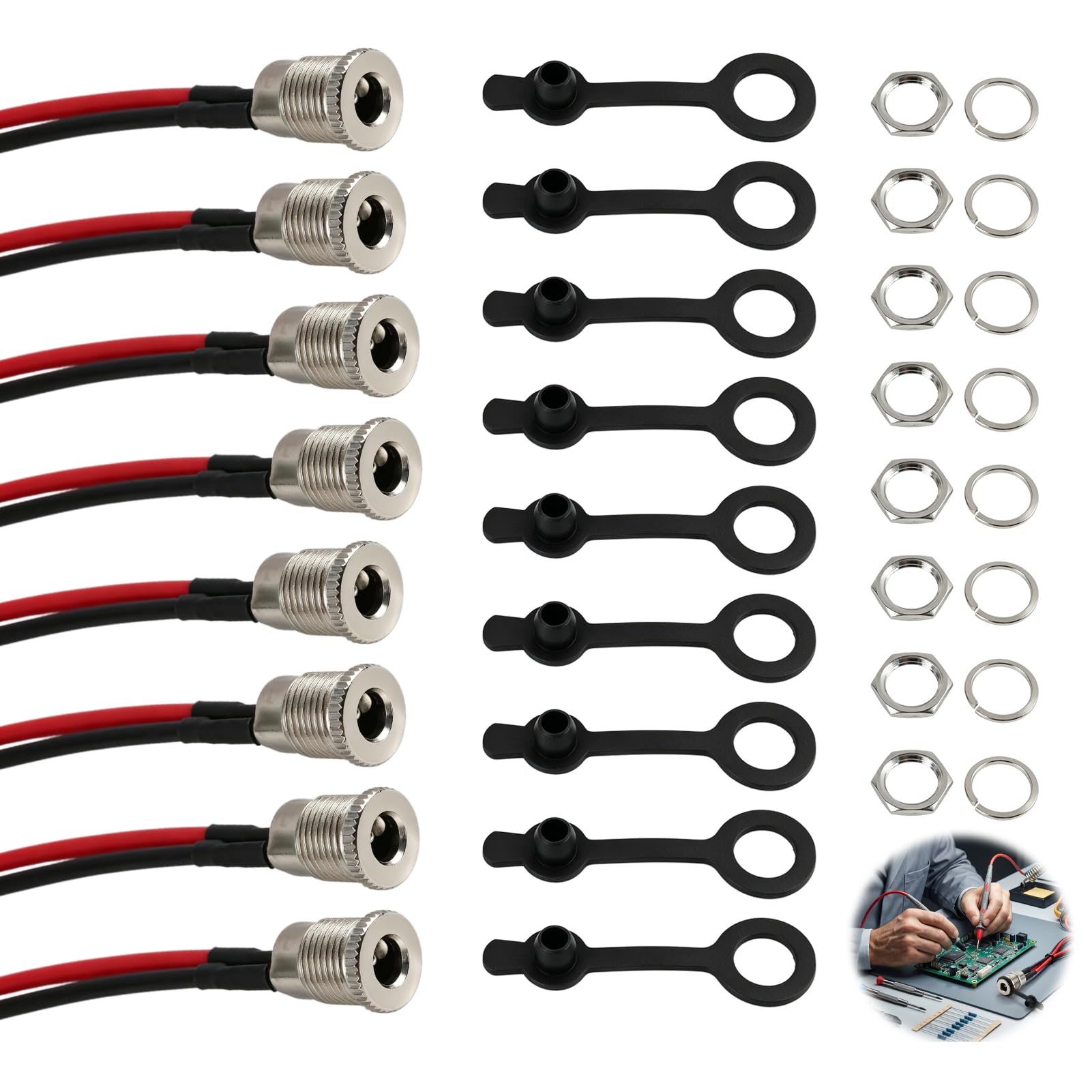 8 Stück Panel Mount DC Buchse 5,5 x 2,1 mm, Hohlstecker Buchse mit 15 cm Kabel und Schutzkappen, 12V Stromanschluss Steckverbinder Panel Mount für LED Streifen CCTV Kamera Arduino Elektronik Projekte