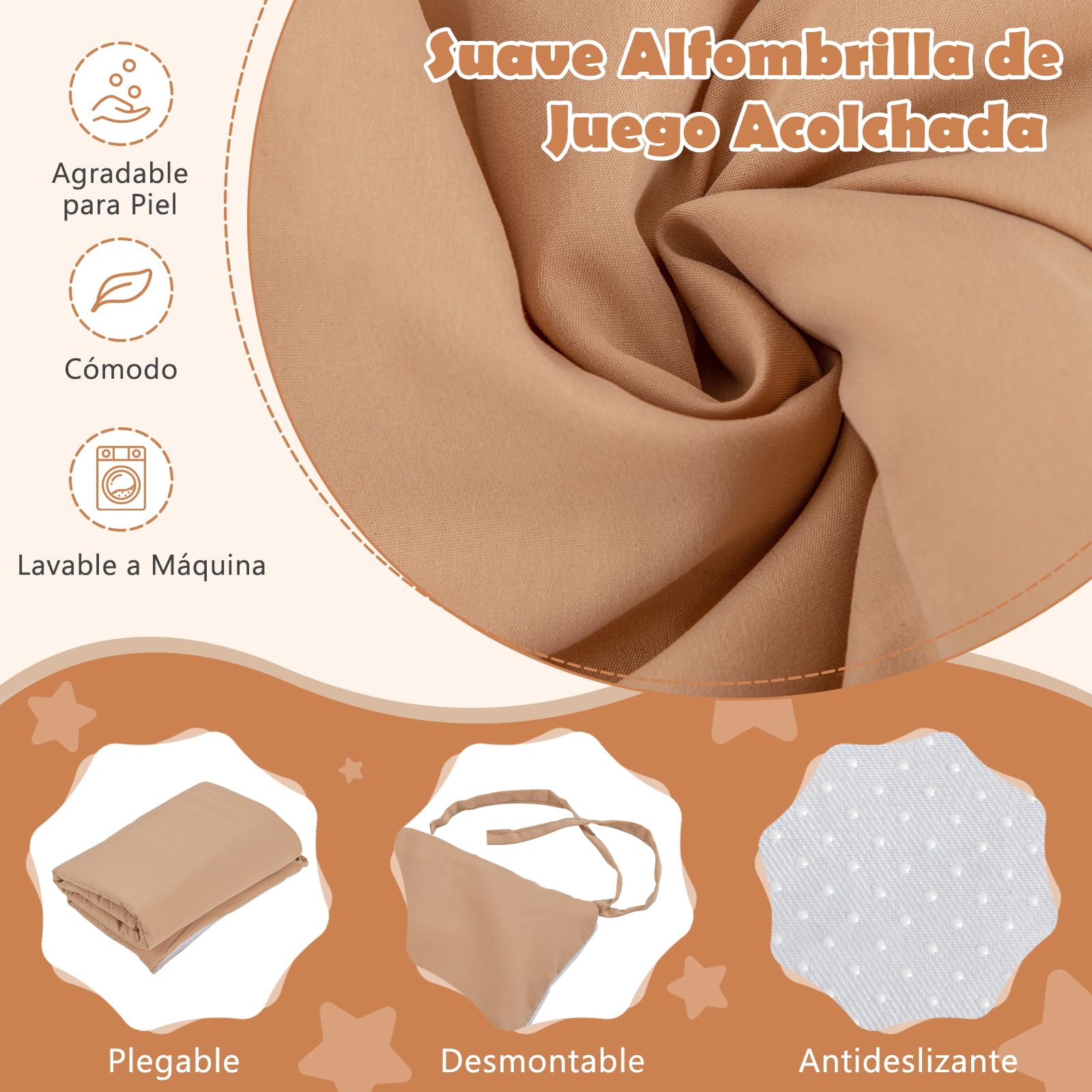 COSTWAY Tienda Campaña Infantil Niña, Carpa de Juegos Infantiles con Colchoneta Lavable y Banderín, Casita para Niños con Ventanas, Cortinas, Estructura de Madera para Niños 3+ Años (Marrón)
