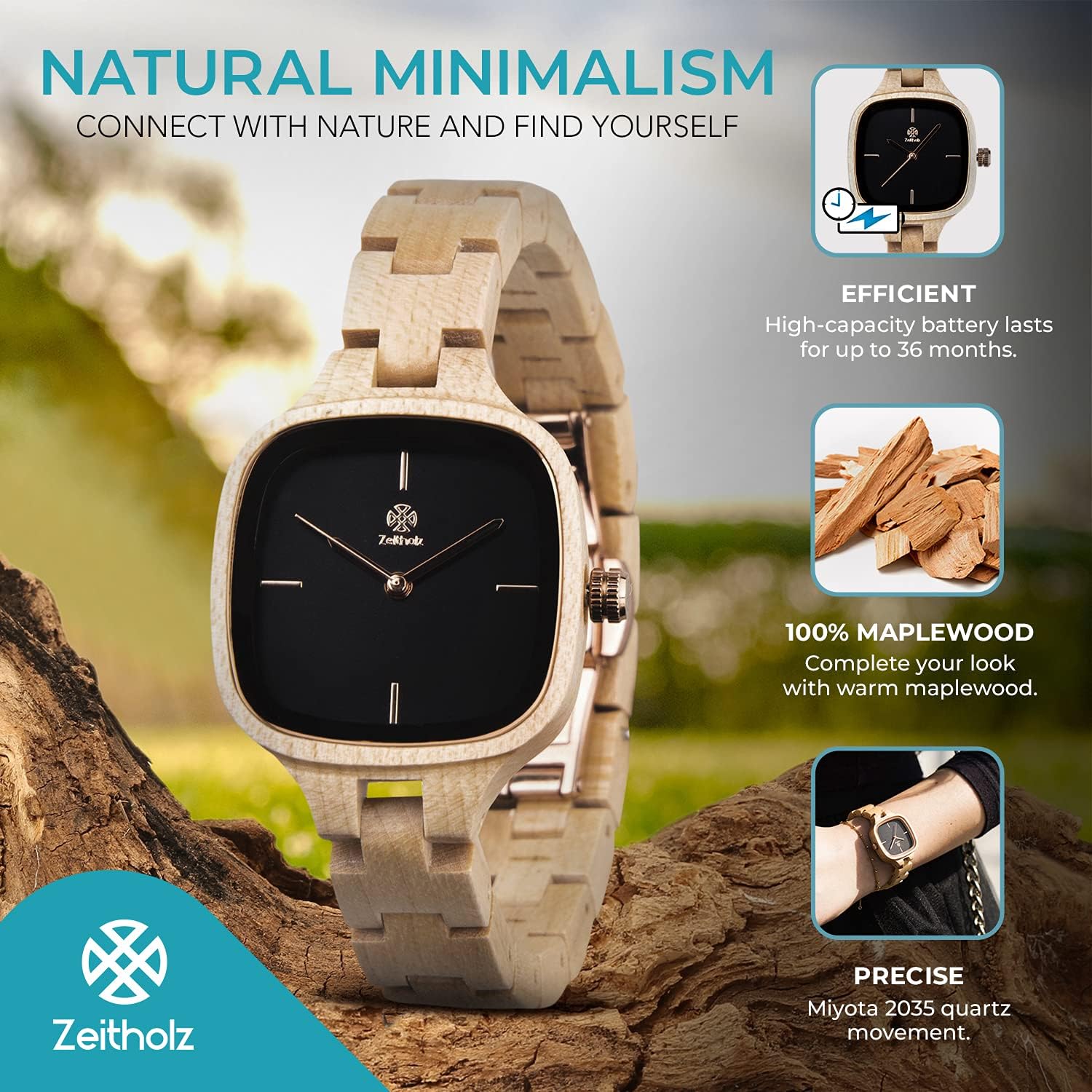 ZEITHOLZ Orologio da polso da donna, in legno, analogico, al quarzo, in legno di cavallo, 100% legno naturale con movimento al quarzo giapponese