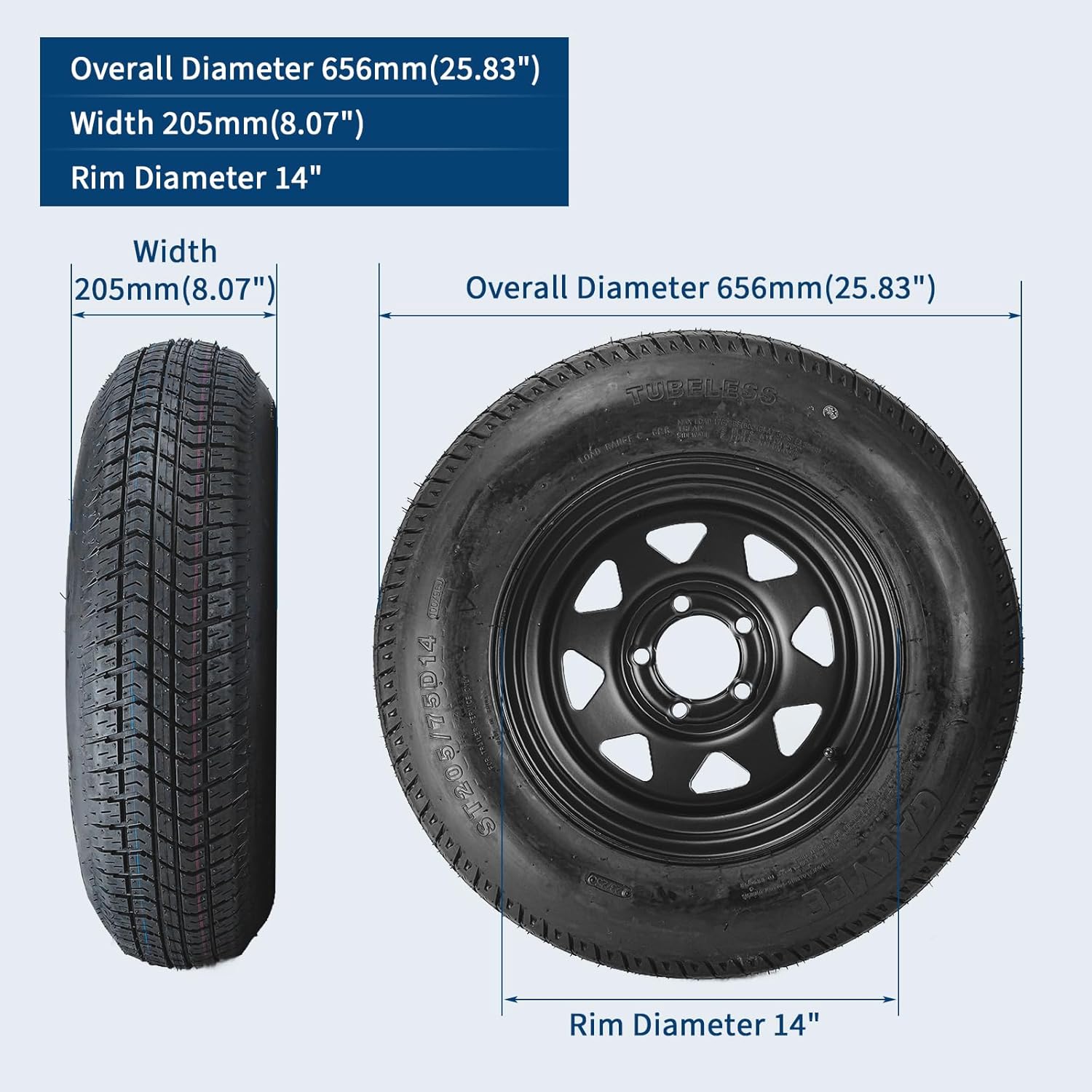 2-Pack Trailer Tire On Rim ST205/75D14 Trailer Tires and Wheels 5 Lug on 4.5 in PCD Trailer Tires with 14 in Rims Load Range C 6PR Black