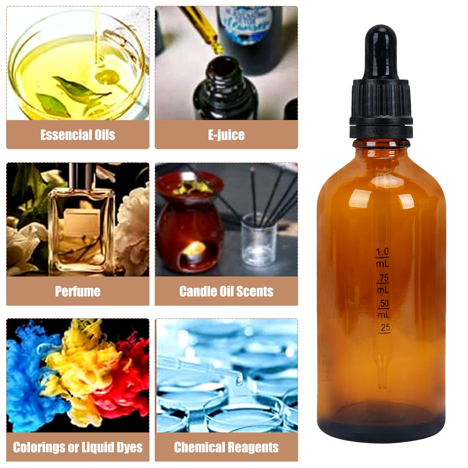 Lot de 8 flacons compte-gouttes en verre marron de 100 ml pour huile essentielle, parfum, liquide avec petites bouteilles en verre, entonnoir, seringue et étiquette