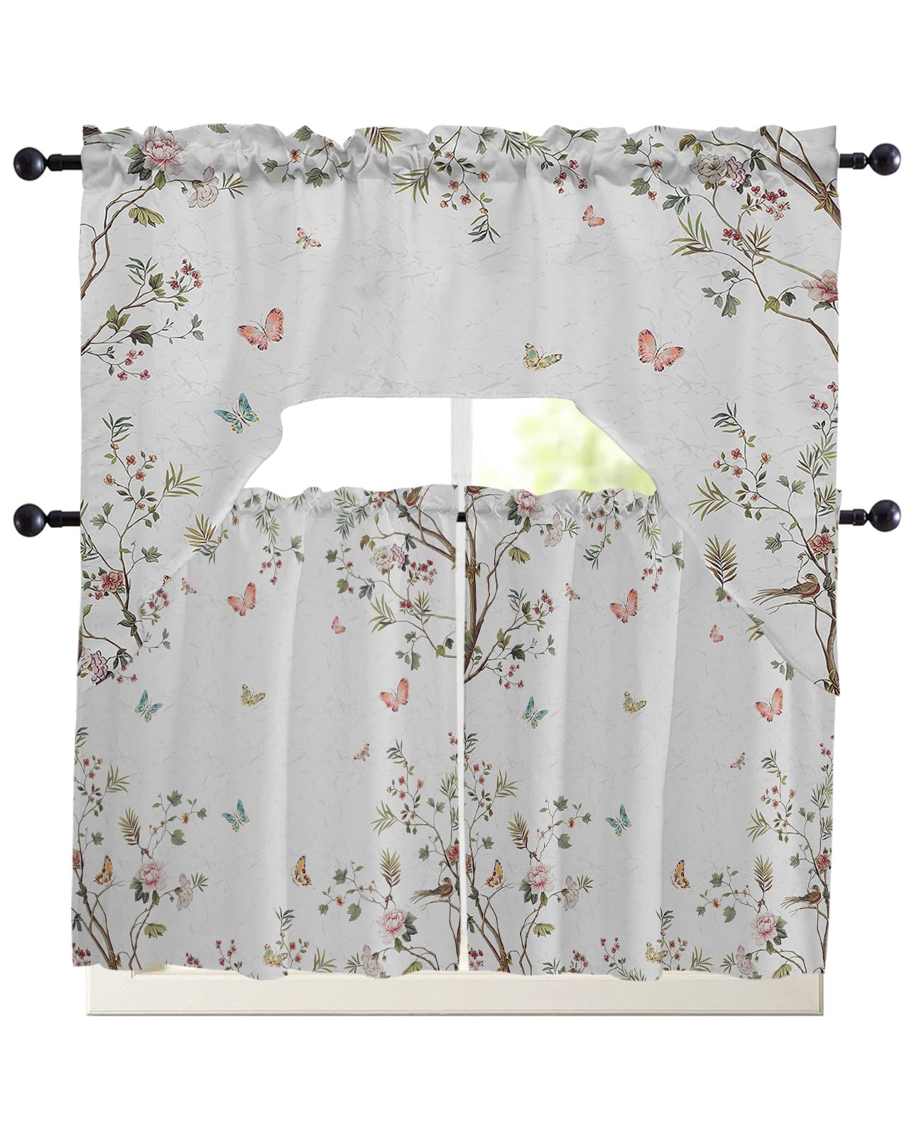 Jolunifun Flower Tree Swag Kitchen Curtain Sets with Valance,3 Pieces Rod Pocket Curtain Drapes for Bedroom Bathroom Cafe Windows,Vintage Plant Leaves Elegant Butter-Fly 56''x36''&24''x27.5''x2Panels
