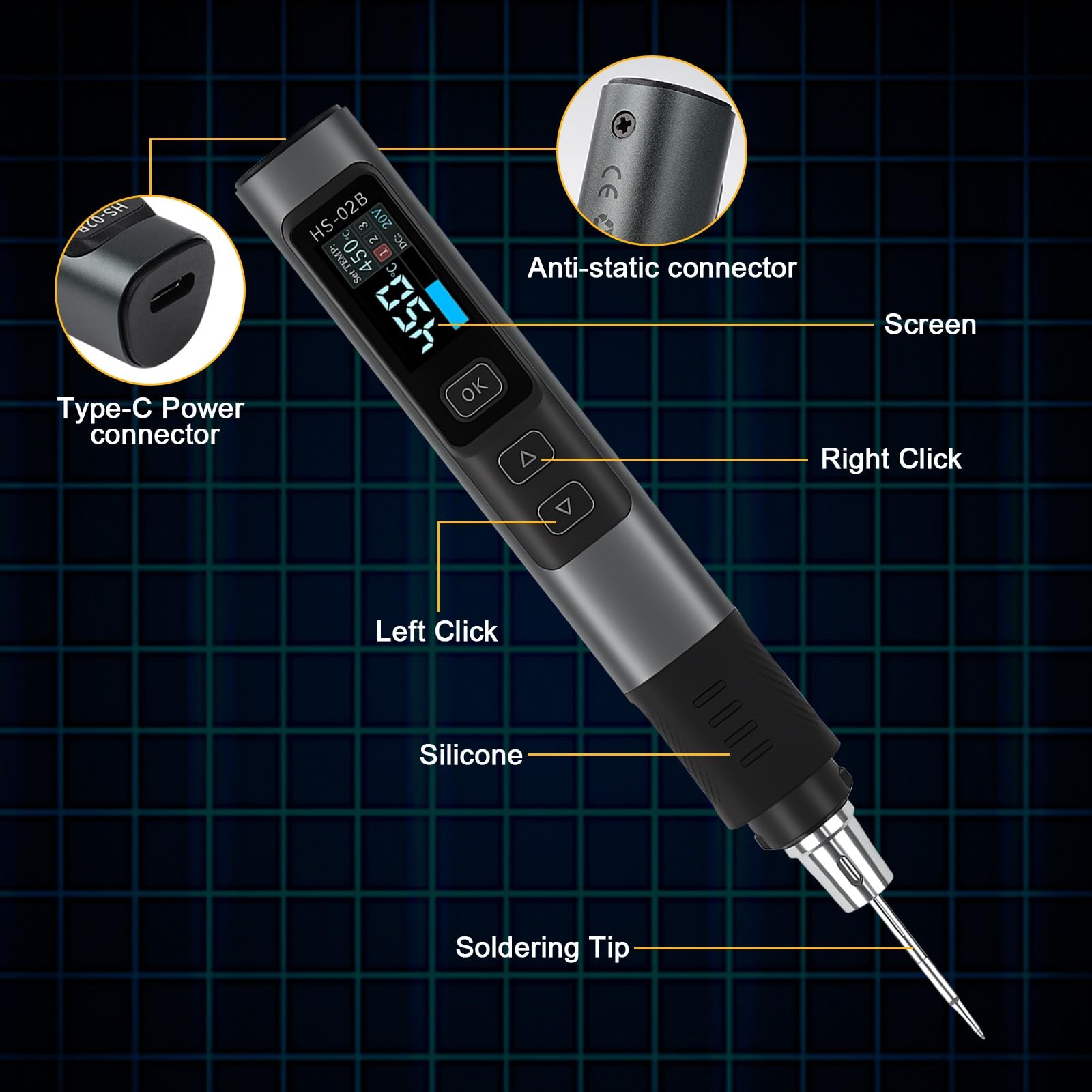 HS-02B Soldador Estaño 100W con LCD, Kit de Soldador de Estaño Profesional DC9-24V Soldering Iron interfaz Type-C, 2S Calentamiento Rápido, 180-842℉ Ajustable, Reposo Automático, 1 Punta de Soldadura