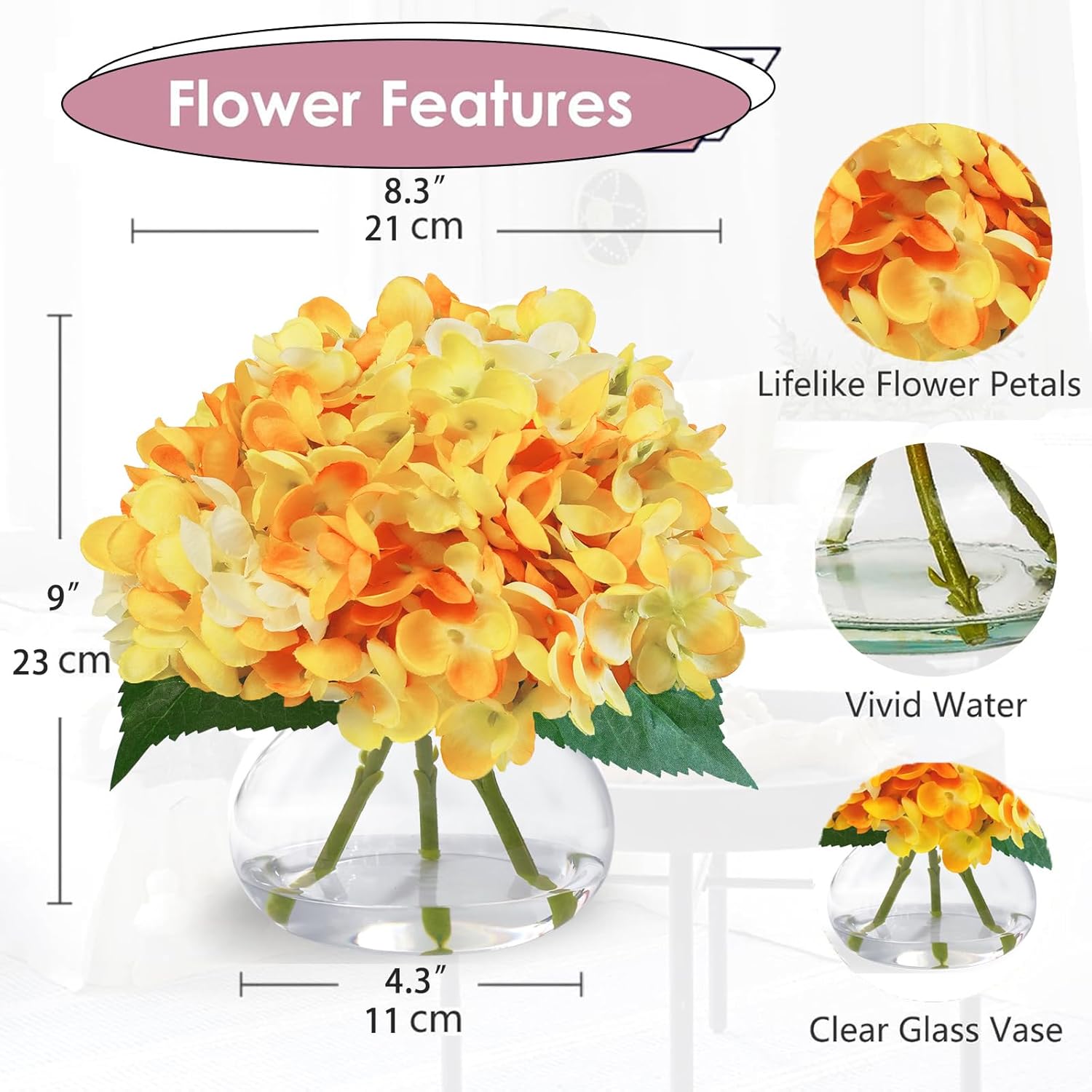 Hydrangea Artificial Flowers in Glass Vase, Orange Silk Fake Flowers Silk Centerpiece Table Decorations for Dining Room， Coffee Table Decor，Wedding, Home with Faux Water Decor（Orange）