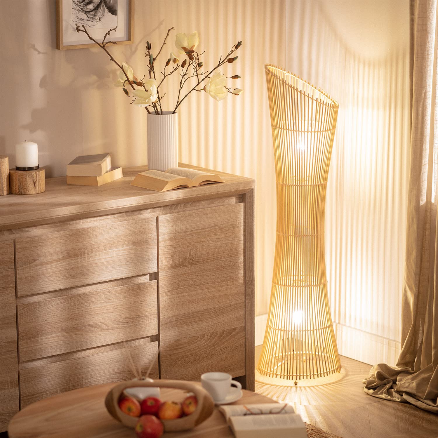 LEDKIA LIGHTING - Lámpara de Pie Marady | Diseño Mediterráneo y Natural | Compatible con Bombillas LED E27 | Para Salón; Dormitorio y Más | 1180 mm Alto; Natural; Bambú