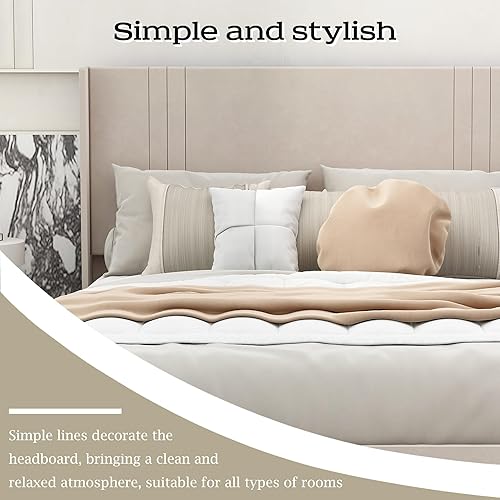 Miniatura 4 de Tuconia Base de cama individual tapizada con cabecero de listones de madera, soporte de fácil montaje, no necesita somier, terciopelo beige