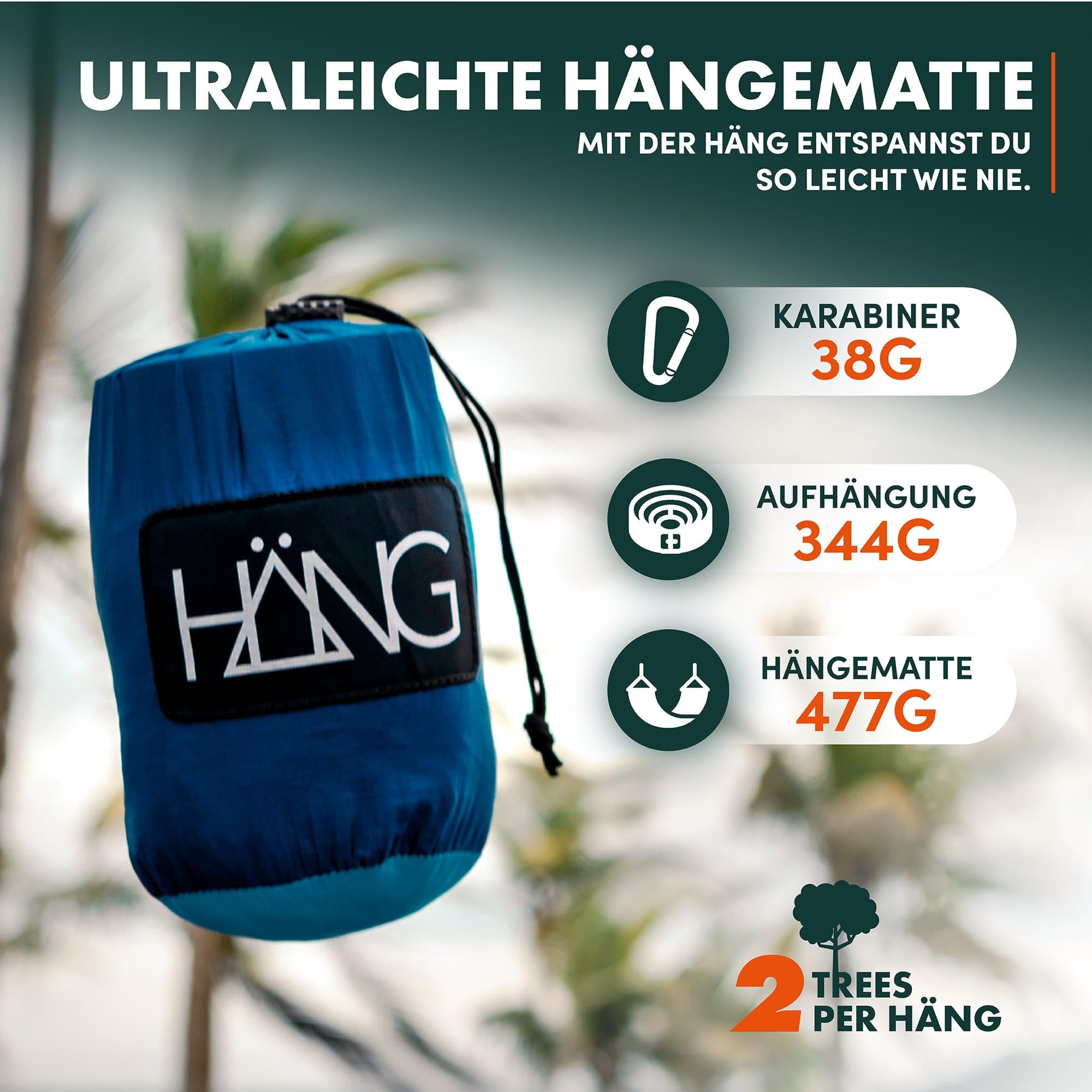 Manico: (doppia amaca in seta per paracadutismo, 300 x 170 cm, portata fino a 200 kg, con sospensione