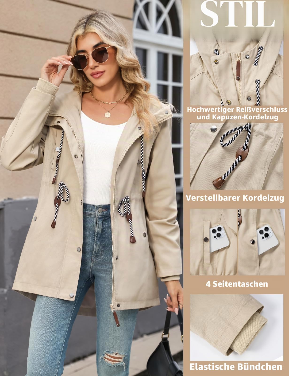 Yuson Girl Übergangsjacke Damen Lang Leichte Jacke mit Kapuze