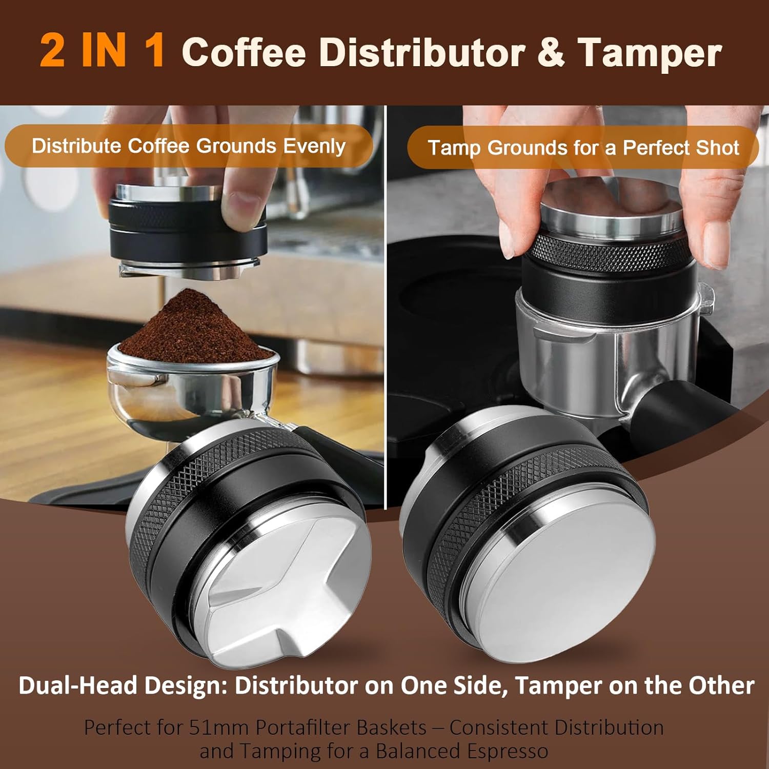 51mm Coffee Distributor & Tamper, Dual Head Coffee Leveler, Compatible with 51mm Portafilter, 2-in-1 Espresso Hand Tamper with Adjustable Depth