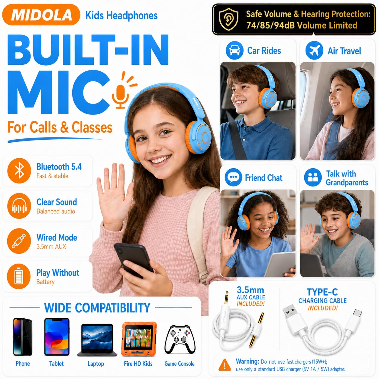 MIDOLA Auriculares para niños, Bluetooth 5.3, volumen inalámbrico, limitado, 85/94 dB, protección auditiva, sobre la oreja, 68 horas de reproducción, plegables, ligeros, micrófono integrado, para