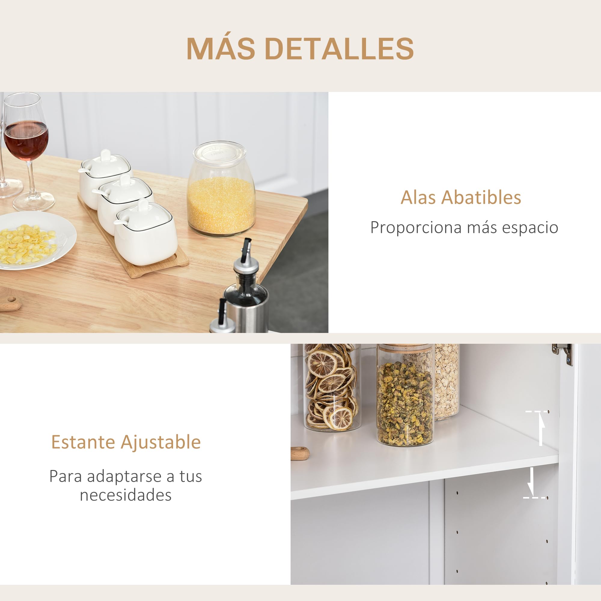 HOMCOM Carro de Cocina con Ruedas 3 Cajones, 2 Puertas y Especiero Blanco | Isla de Cocina, estante ajustable, barra de colgar, 128,8x75,5x92,5 cm