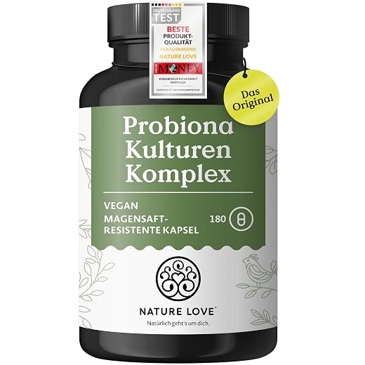 NATURE LOVE® Probiona Komplex - 20 Bakterienstämme + Bio Inulin - 180 magensaftresistente Kapseln - 2X hochdosiert: 20 Mrd KBE je Tagesdosis - Vegan, in Deutschland produziert