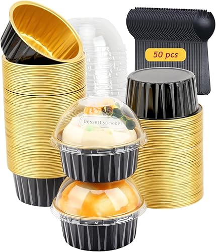 Miniatura 9 de Free-Air - Moldes para magdalenas rojas, paquete de 50 moldes para hornear de papel de aluminio de 5 onzas con tapas, moldes desechables