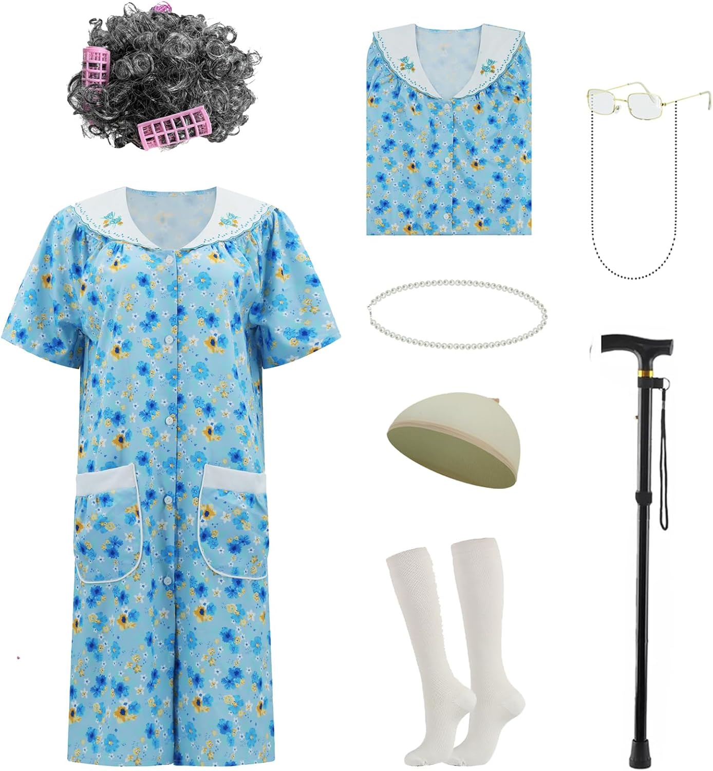 Old Lady Costume for Women, Grandma Costume Kit with Nightgown Old Lady Dress Granny Costume Halloween Outfits