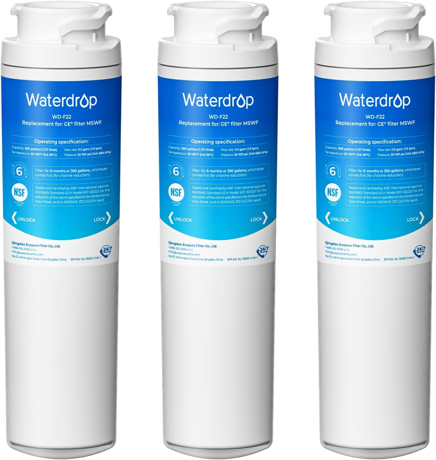 MSWF Refrigerator Water Filter, Replacement for GE® MSWF, 101820A, 101821B, RWF1500A, NSF 42&372 Certified, Pack of 3