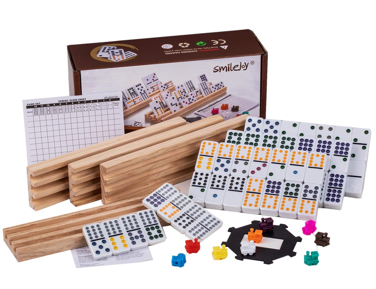 Smilejoy Mexican Train Dominoes,Domino Set for Adults,Domino Double 12 Set for Classic Board Games,Mexican Train Dominoes Set with 4 Wooden Racks Double Twelve Set Includes 91Tile (2-4 Players)