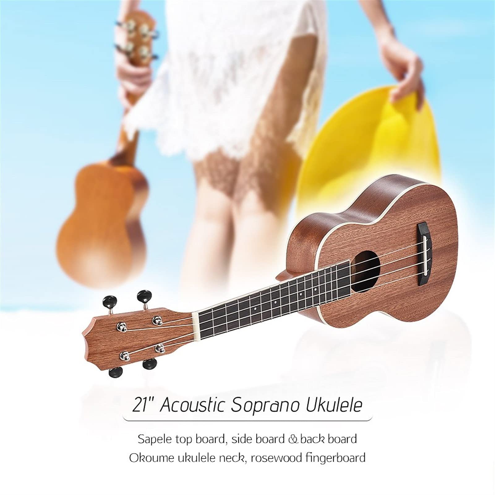 Ukulele koncertowe Początkujący Ukulele 21- calowy Zestaw Akustycznych Sopran Ukulele Zestaw Sapele Torba Do Przenoszenia Drewna Z Clip- on Cleaner