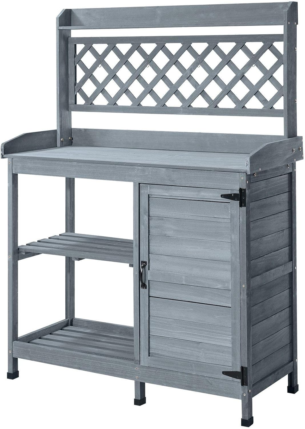 Raised Outdoor Potting Bench Table 43x18in Fir Wood Workstation with Storage Cabinet, Shelves & Hooks — Gray, for Patio Garden Backyard Balcony Use