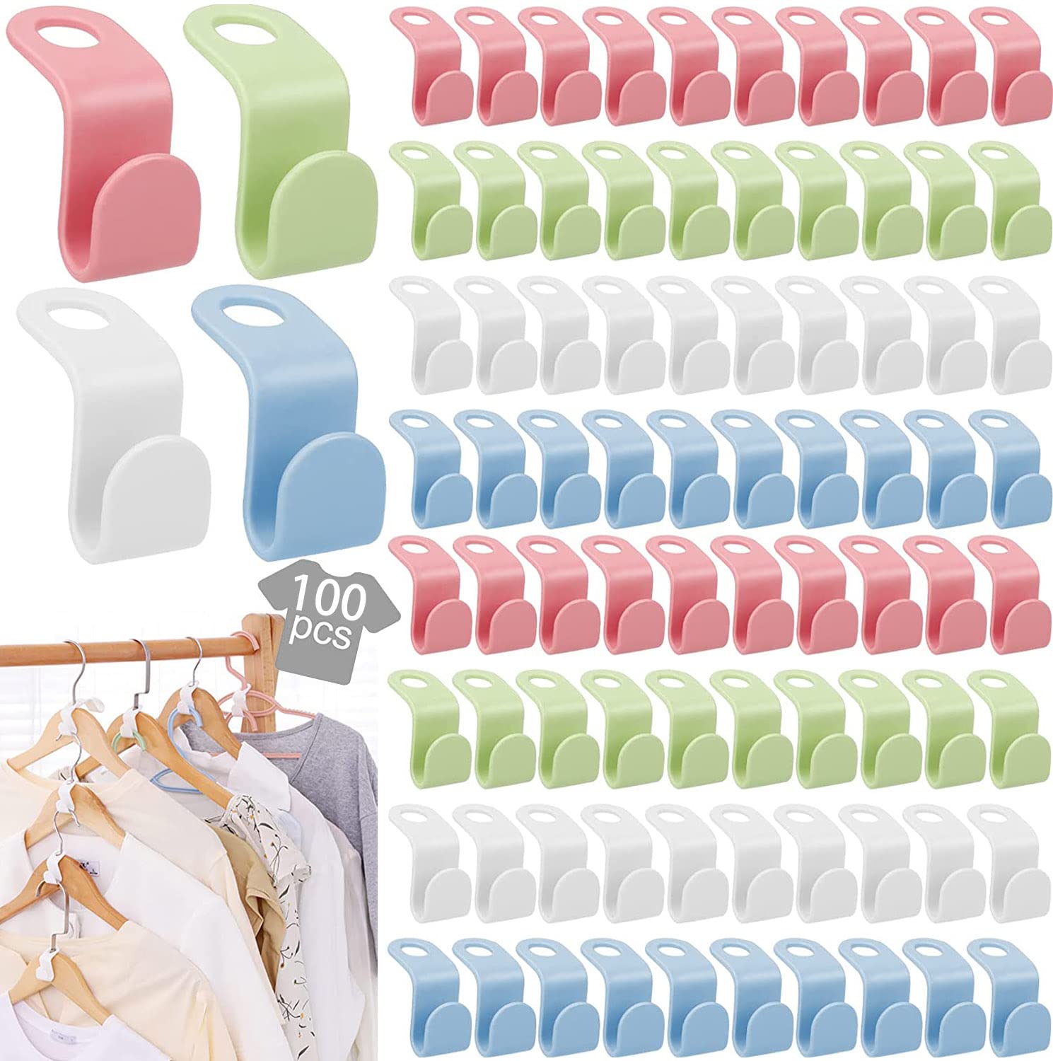 IS MUHE 100 Hanger Connector Hooks,Outfit Hangers，Mini Clothes Hanger Hooks Plastic Hooks for Clothes Hangers，Tie Hooks， Wardrobe，Storage Cabinets，Space Saving（4colour）