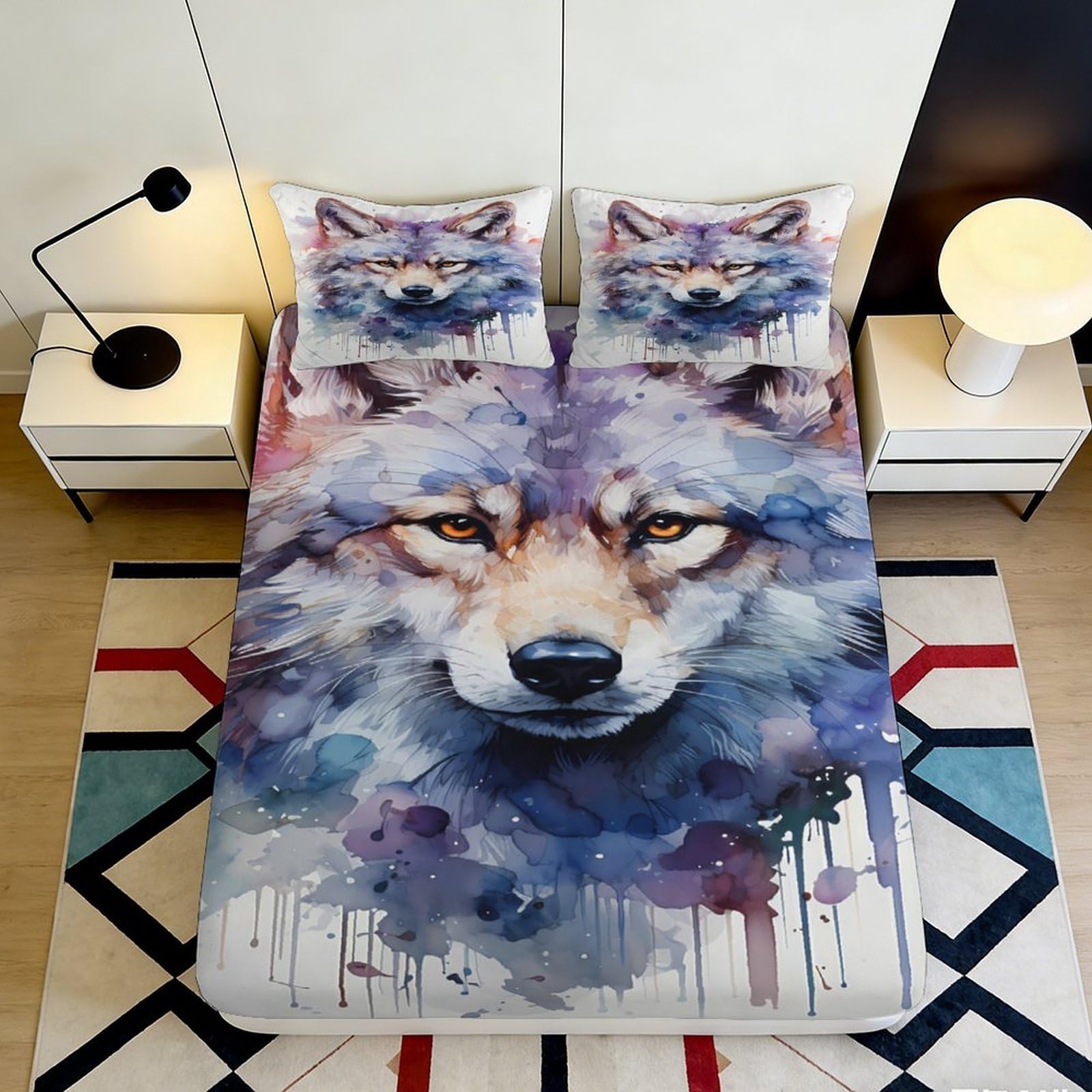 3D Printed Wolf Watercolor Fitted Sheet Microfiber Soft Artistic Animal Bed Cover for Bedroom Guest Room Decor 90x200x25cm