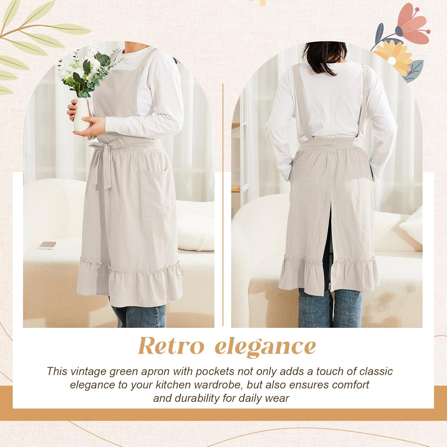 100% Cotton Aprons with Pockets Pinafore Dress for Women Vintage Cute Aprons for Kitchen Baking Gardening Painting - Image 6