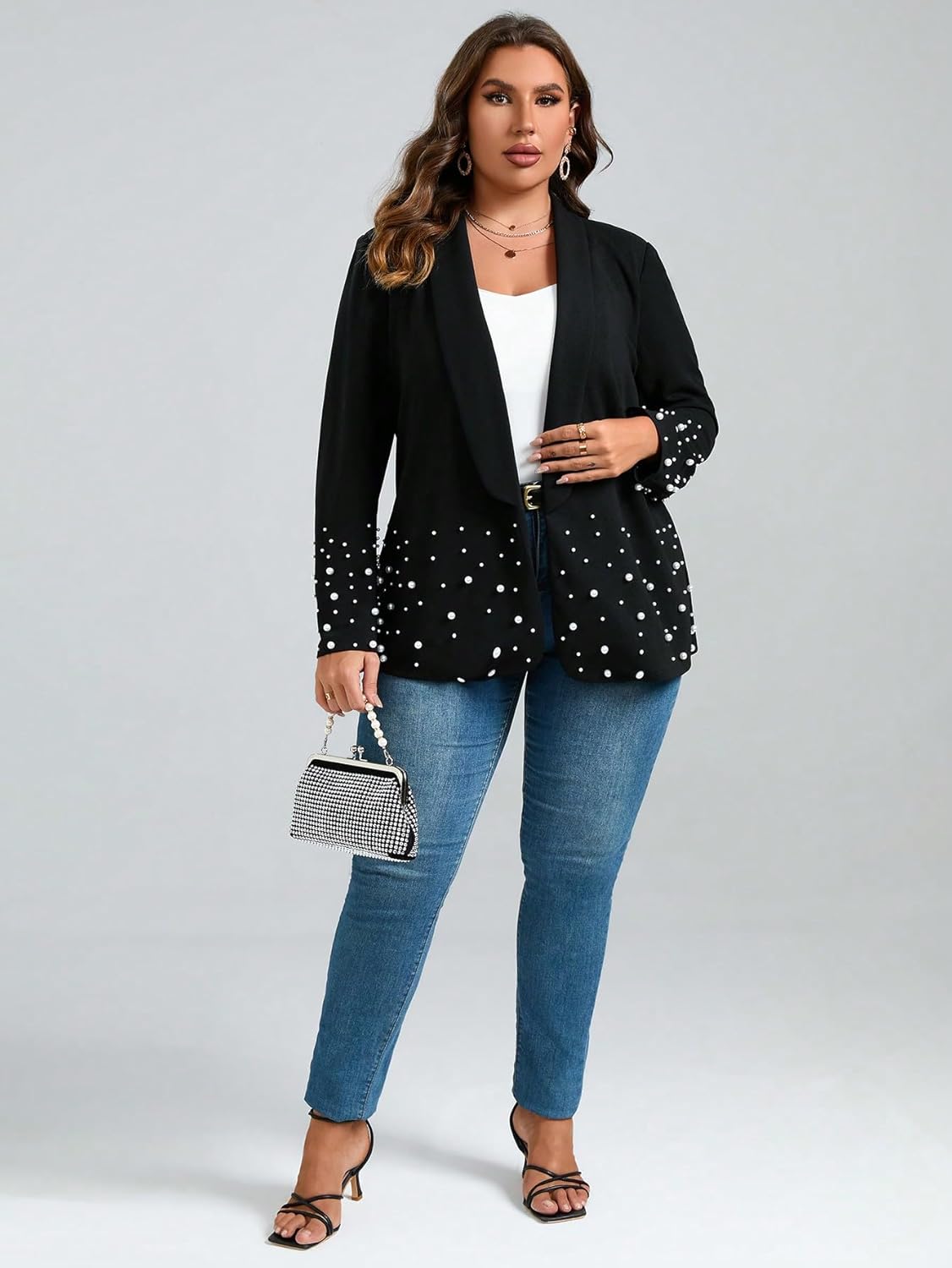 WDIRARA Women's Pearls Trim Blazers Open Front Long Sleeve Shawl Collar Elegant Suits Jackets Evening Wear