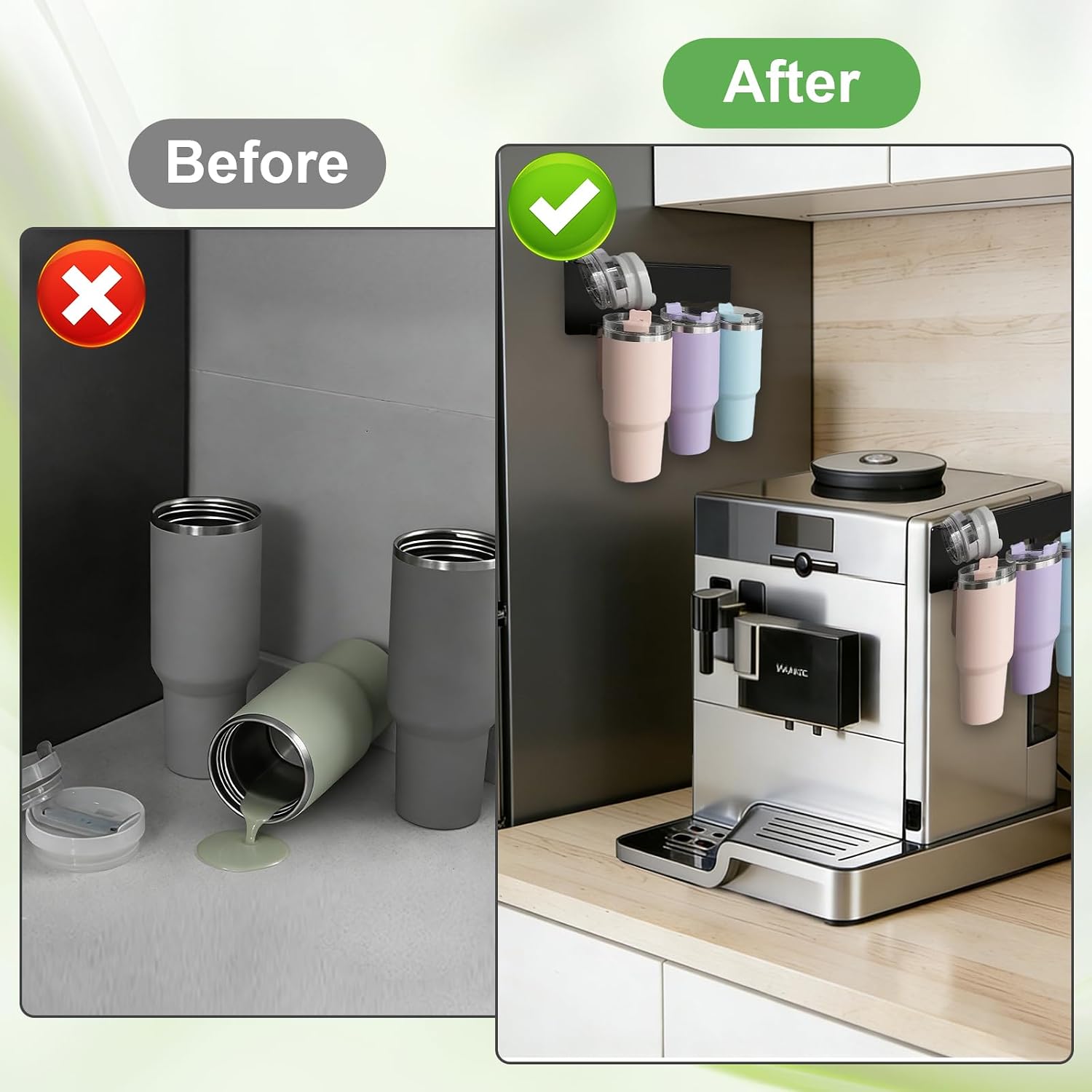 Magnetic Cup Holder for Fridge for Stanley 20oz/30oz/40oz Tumbler with Handle, Cup Magnetic Fridge Holder with Lid Organizer, Fridge Storage Solution with Space-Saving Mount (Black, 6 Cup)