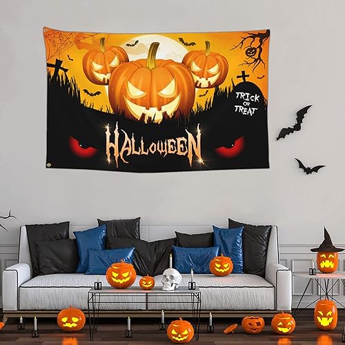 Miniatura 3 de Bandera de Halloween de 3 x 5 para exteriores, bandera de calabaza de Halloween de doble cara para interiores y exteriores, decoración de Halloween,