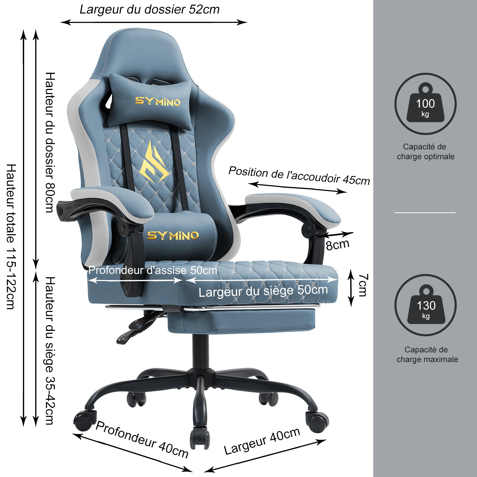 Symino Silla Gaming Ergonómica con Asiento de Espuma Alta Densidad – 150 kg, Reclinable con Soporte Lumbar, Reposabrazos Ergonómicos, Giratoria 360° para Oficina y Escritorio